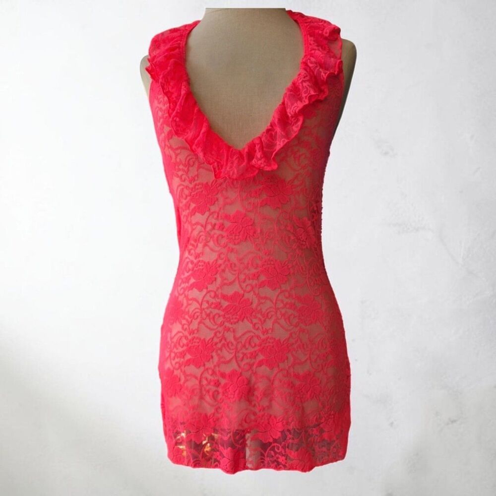 Dreamgirl Coral Sheer Lace Babydoll Chemise, Women's Small, Halter Tie Lingerie